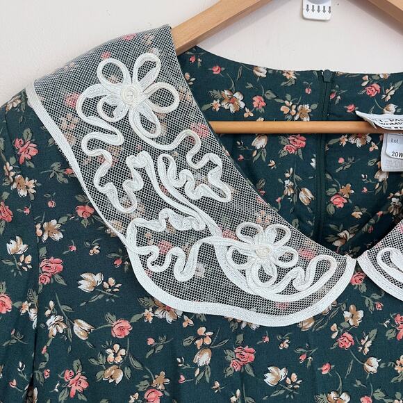 Vintage Cottagecore Prairie Dress Size 20W Green Floral Lace Country Peasant - Picture 6 of 12